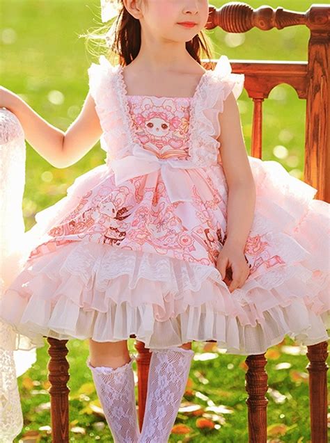 Pink Doll Candy Pattern Print Lace Ruched Puffed Hem Bow Knot