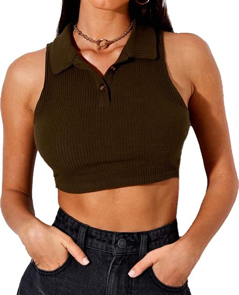 Womens Knit Crop Top Sexy V Neck Collar Half Button Short Sleeve Vest