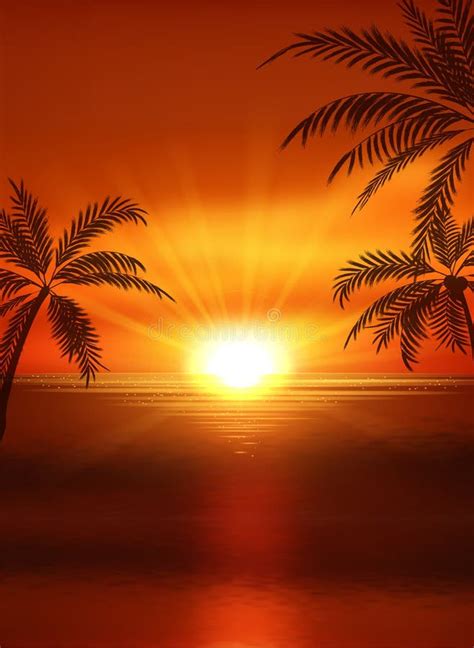 Illustration Of Sunset View In Beach With Palm Tree Tropical Landscape