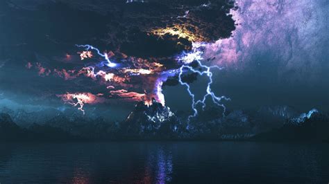 Lightning Clouds Fantasy Art Storm Volcano Digital