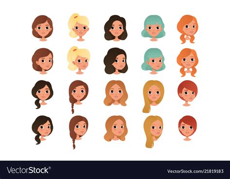 Set Different Girl S Hair Styles And Colors Vector Image
