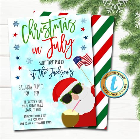 The dates for events during december are limited, so get your merry on early, and send out invitations before calendars are as full as a christmas morning stocking. Christmas in July Invitation, Holiday Beach Santa Summer Party, Tropical Christmas in July Pool ...