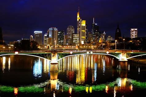 Frankfurt Am Main October 2021 European Night City Bridge Over Main