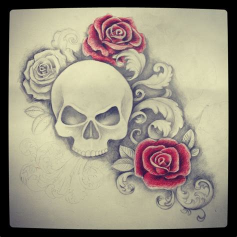 Skull And Roses Tattoo Stencil Drawing Gothic Red Skull Tattoo