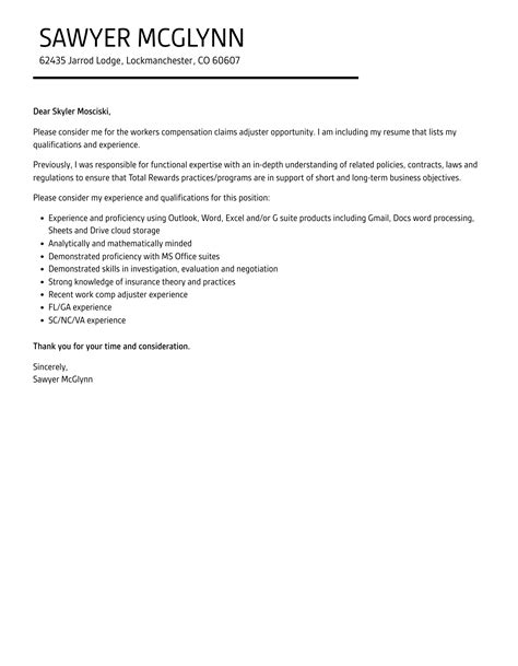 Workers Compensation Claims Adjuster Cover Letter | Velvet Jobs