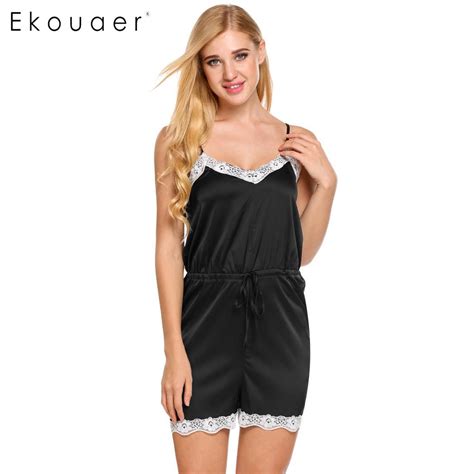 Ekouaer Women Adults Sexy Onesies Summer Pajamas Sets Nightwear Strapy Sleeveless Lace Trim