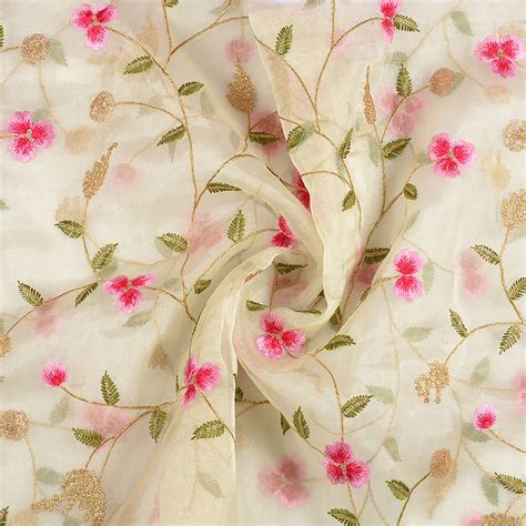 Buy Green Organza Fabric With Pink And Golden Floral Embroidery 50070