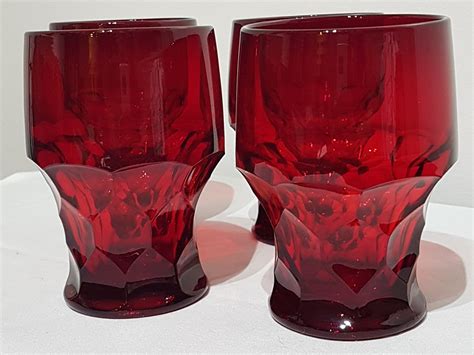 Set Of 4 Vintage Georgian Ruby Red Honeycomb Viking Glass Mcm Retro