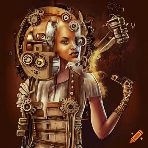 Steampunk Illustration Of Girl With Fused Machines