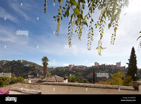 View Of The Alhambra From The Albaicin Quarter Granada Spain Stock