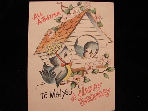Vintage Bluebirds Visiting Birthday Greeting Card Vintage