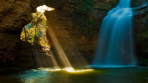 Wallpaper Cave waterfalls, sun rays, trees, water 1920x1080 Full HD 2K Picture, Image