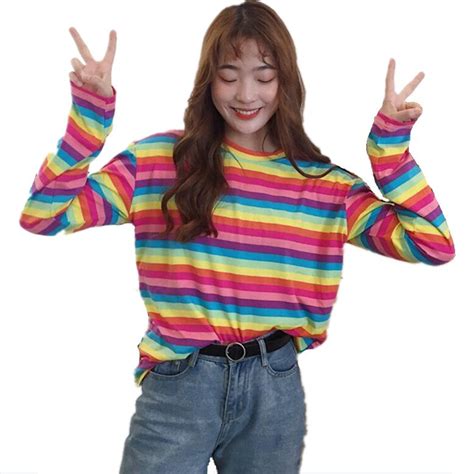 Shirt Femme Autumn Fashion Blusas Korean Ulzzang Harajuku Rainbow Striped Women Casual Long