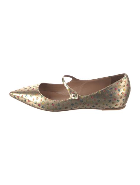 Tabitha Simmons Leather Floral Print Mary Jane Flats Gold Flats