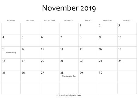 November 2019 Editable Calendar With Holidays
