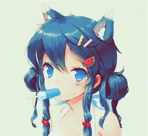Summer Anime Girl Blue Hair Cute Neko By Opium Δ