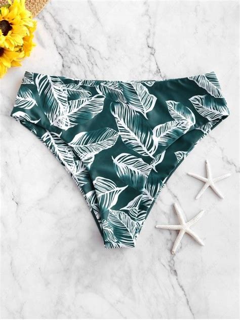 Off Zaful Leaf Print High Cut Bikini Bottom In Medium Sea