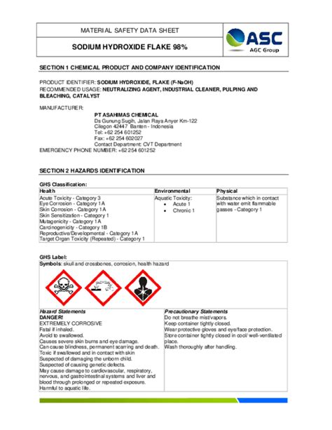 Pdf Sodium Hydroxide Flake 98 Section 1 Chemical Product And Company