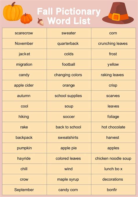 Fall Pictionary Word List Pictionary Words Fall Vocabulary