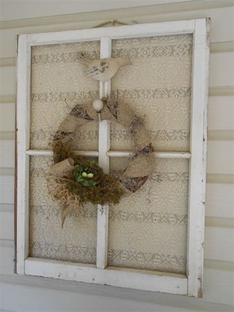 Old Window Frame Lace Background Iron Bird Hanger Wreath Old