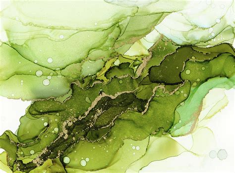 Green Olive And Gold Abstract Ink Painting By Olga Shvartsur Fine Art