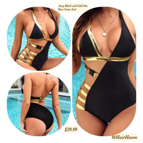 Sexy Black And Gold One Piece Bathing Suit Hair Haven Virgin Bundles