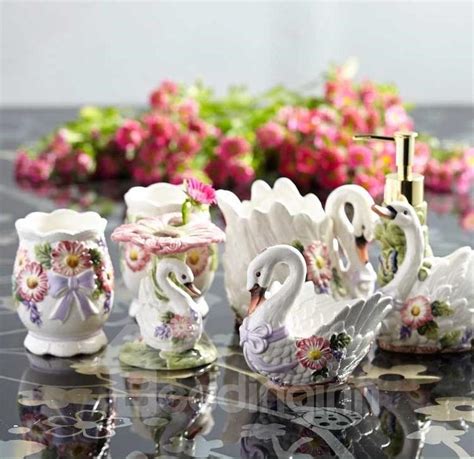 Romantic Swan Floral Ceramic 6 Piece Bathroom Accessories