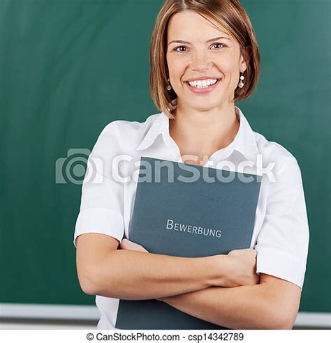 Woman With Portfolio Smiling Woman Holding A Portfolio Over The Blackboard Background Canstock