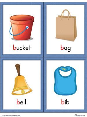 Letter B Words and Pictures Printable Cards: Bucket, Bag, Bell, Bib