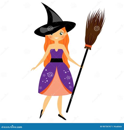 Cute Halloween Witch Beautiful Girl In Halloween Costume Dress Holding