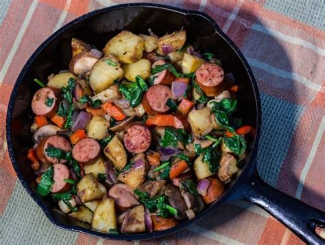 Smoked Turkey Sausage Skillet With Red Pepper And Spinach Campsite Bistro