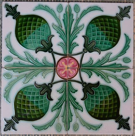 Antique Art Nouveau Majolica 4 Tile Set C1900 Art Déco Art