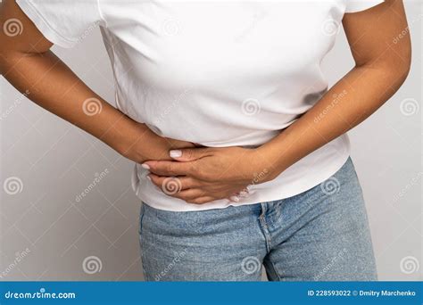 Sick Woman Touching Right Side Suffer From Acute Abdominal Pain In