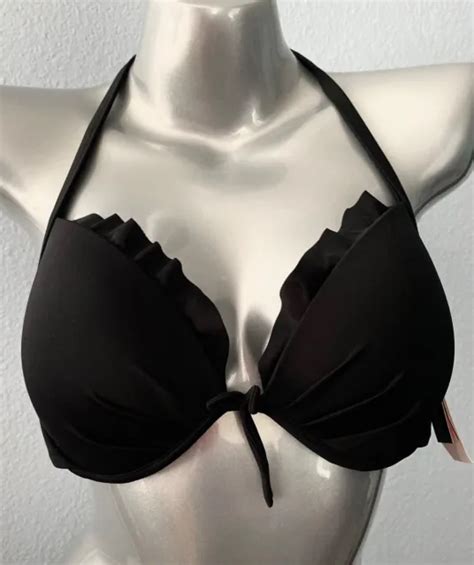 VICTORIAS SECRET NWT Black Ruffled Trim Fabulous Full Coverage Swim Bikini Top PicClick