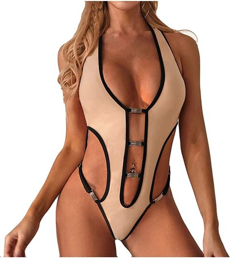 Women Swimsuit Hollow Out Metal Button Sexy Jumpsuit Push Up Solid