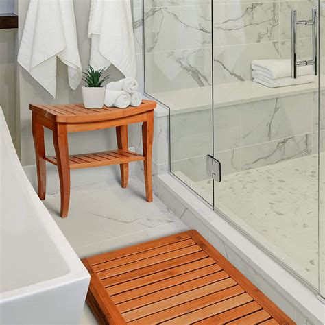 Bambusi Bamboo Shower Seat Bench W Bathroom Floor Mat For Indoor