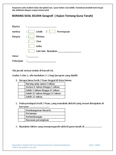 Contoh soal selidik geografi pt3 2016 pengangkutan awam. Borang Soal Selidik Geografi Guna Tanah
