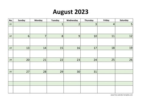 Free August 2023 Calendar Coloring On Each Day Horizontal Free