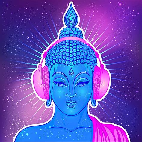 Neon Buddha With Headphones In Psychedelic Vintage Art Vector Esoteric