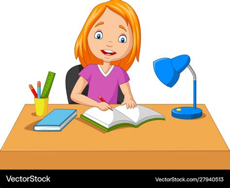 Cartoon Little Girl Studying And Writing Vector Image
