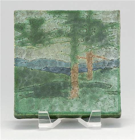 Lot Grueby Pottery The Pines Tile Trivet Depicting Two Trees In A