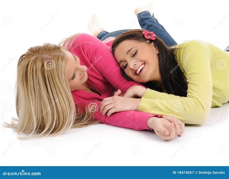 Two Pretty Female Friends Having Fun And Laughing Stock Image Image