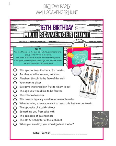 Teen Mall Scavenger Hunt Game Instant Download Birthday Etsy
