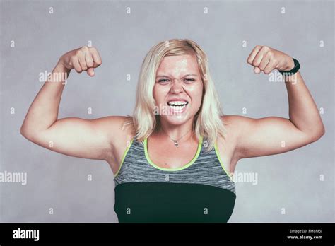 Strong Excited Muscular Woman Flexing Her Muscles Young Blond Sporty