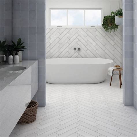 White Herringbone Bathroom Floor Aflooringg