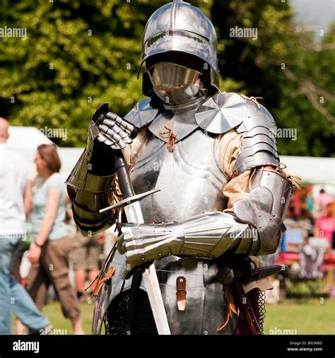 Man Wearing Suit Of Armor At The Castle Green Hereford Uk Medieval