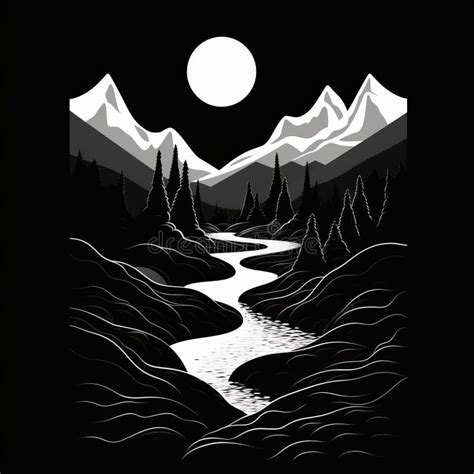 Mountain River Graphic Black White Landscape Sketch Illustration Vector