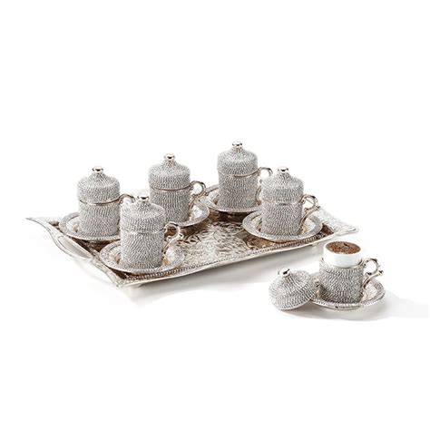 Silver Color Turkish Coffee Cups Tulip Design For Six Person