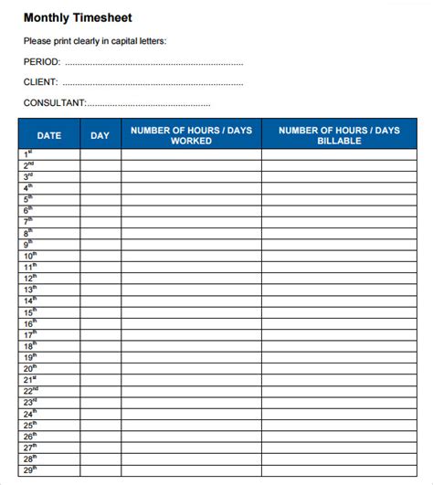 Monthly Timesheet Template 9 Free Download For Pdf Word Sample