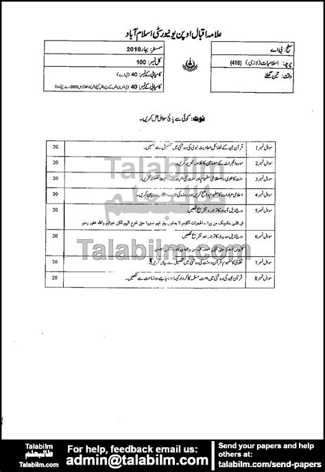 Islamiat Compulsory Code No 416 Spring 2018 Past Papers Aiou